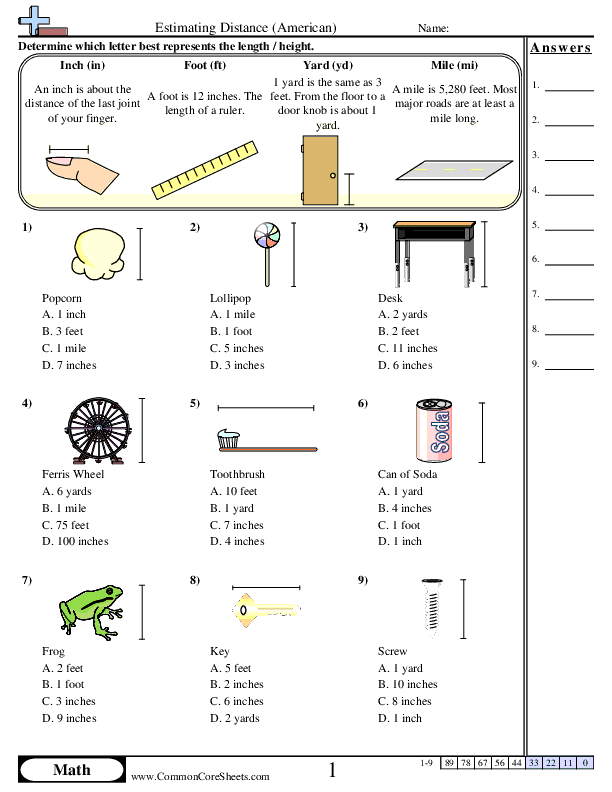4.md.1 Worksheets - Estimating Length (American) worksheet
